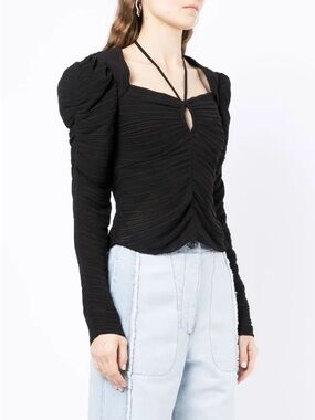 Frame Gathered Keyhole Tie-Neck Top in Noir Size XS